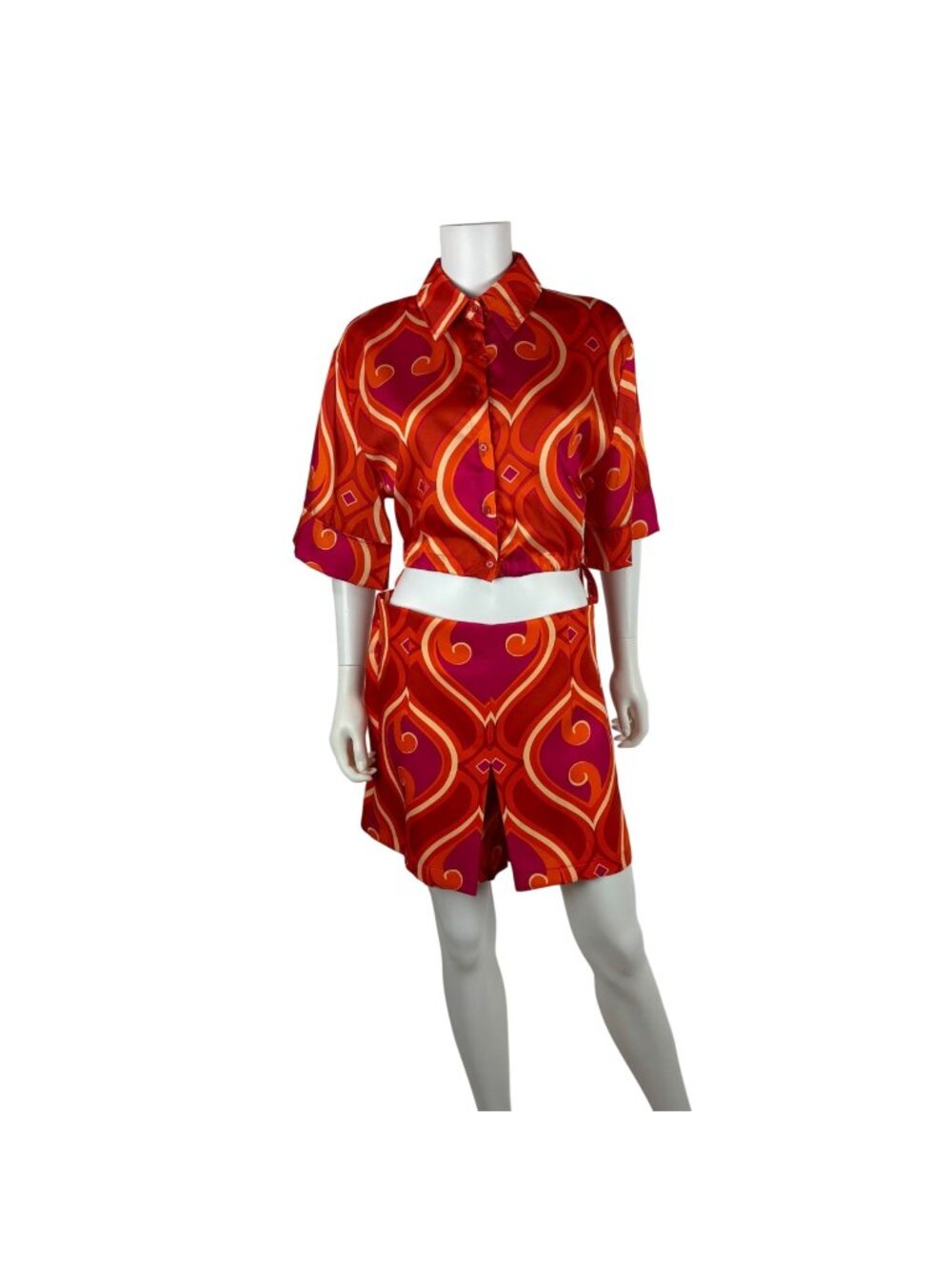 Sunday Up Retro 2 Piece Set Womens M/L Hot Pink Groovy Top & Shorts Satin 60s St